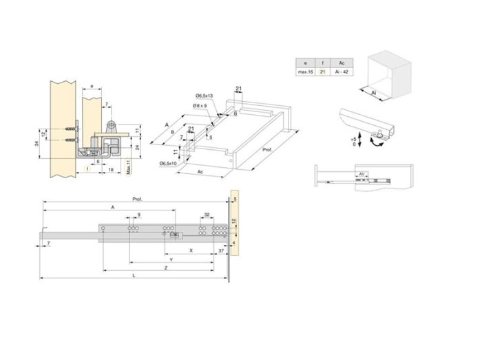 Glisiera sub sertar 490 mm, push to open, extractie partiala, 25kg, 4777, newedge.ro