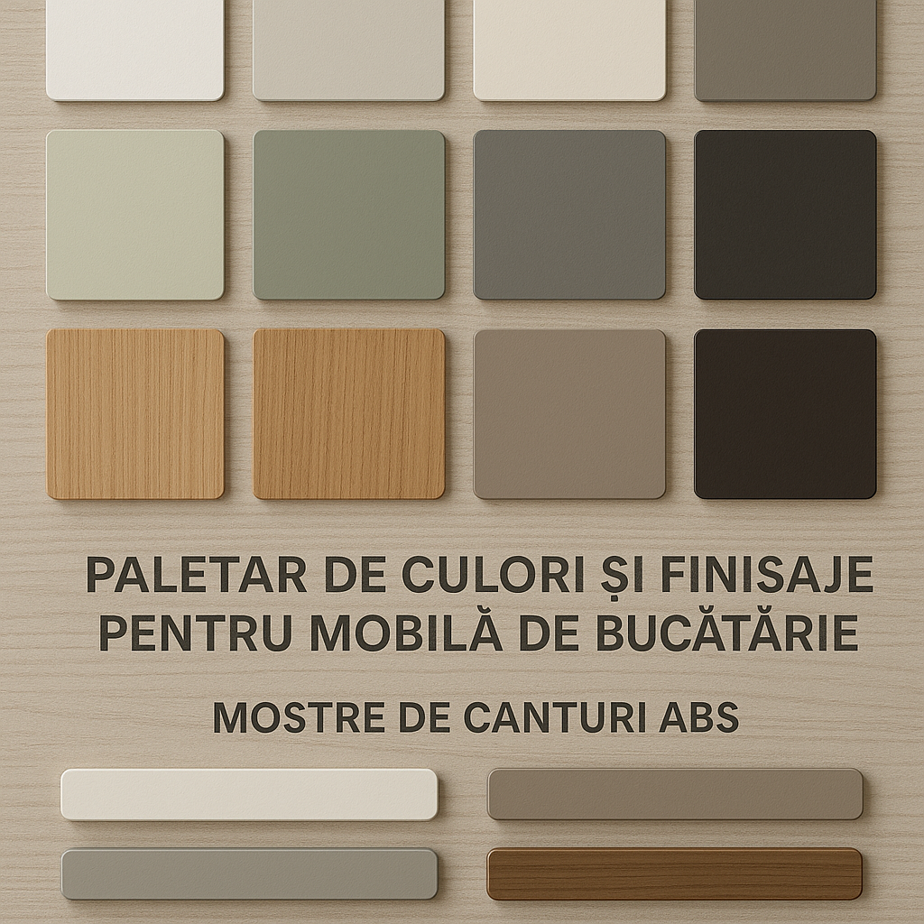 Paletar de culori si finisaje pentru mobila de bucatarie, inclusiv mostre de canturi ABS