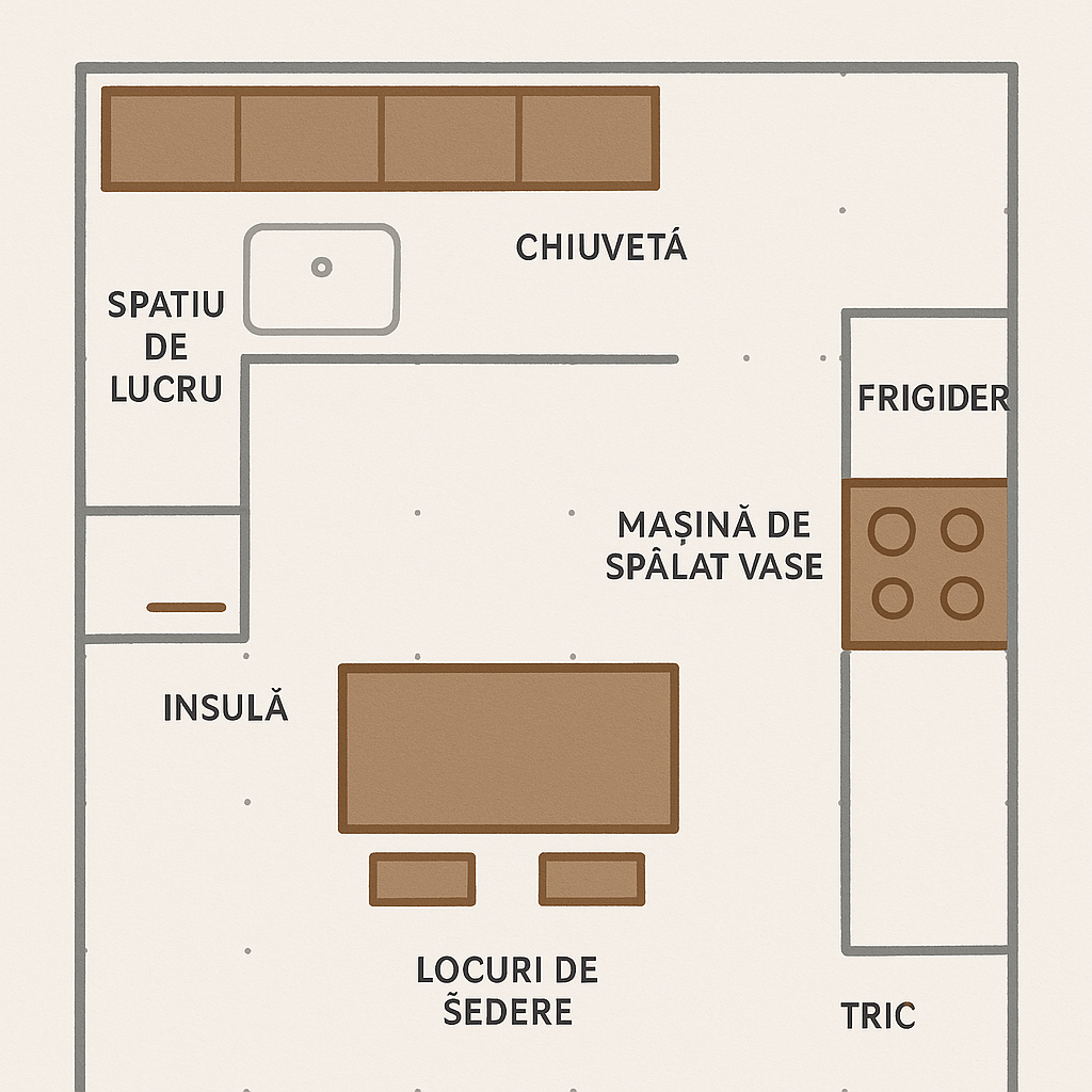 Schema de planificare a spatiului intr-o bucatarie moderna