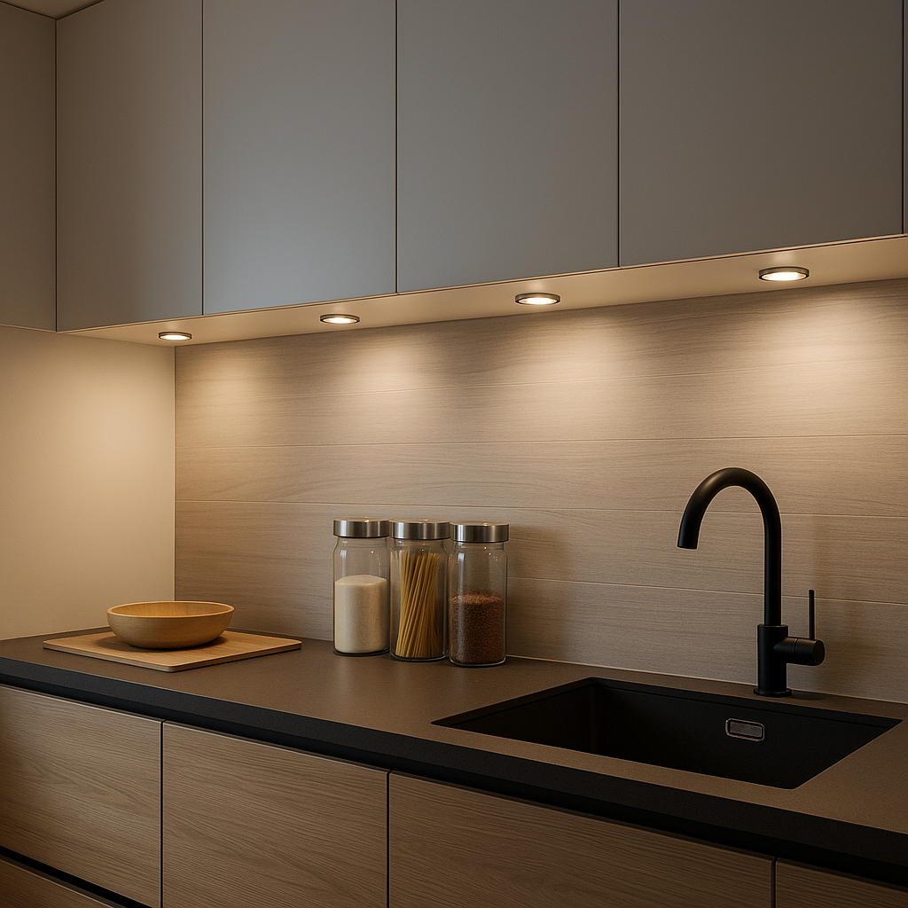 Sistem de iluminat modern in bucatarie cu benzi LED sub corpurile suspendate si spoturi