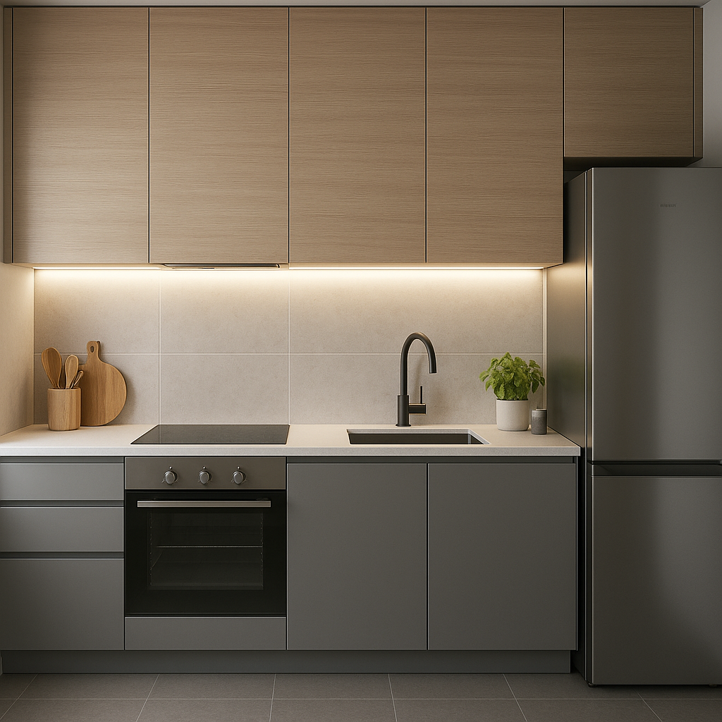 Bucătărie modernă iluminată LED sub corpurile suspendate