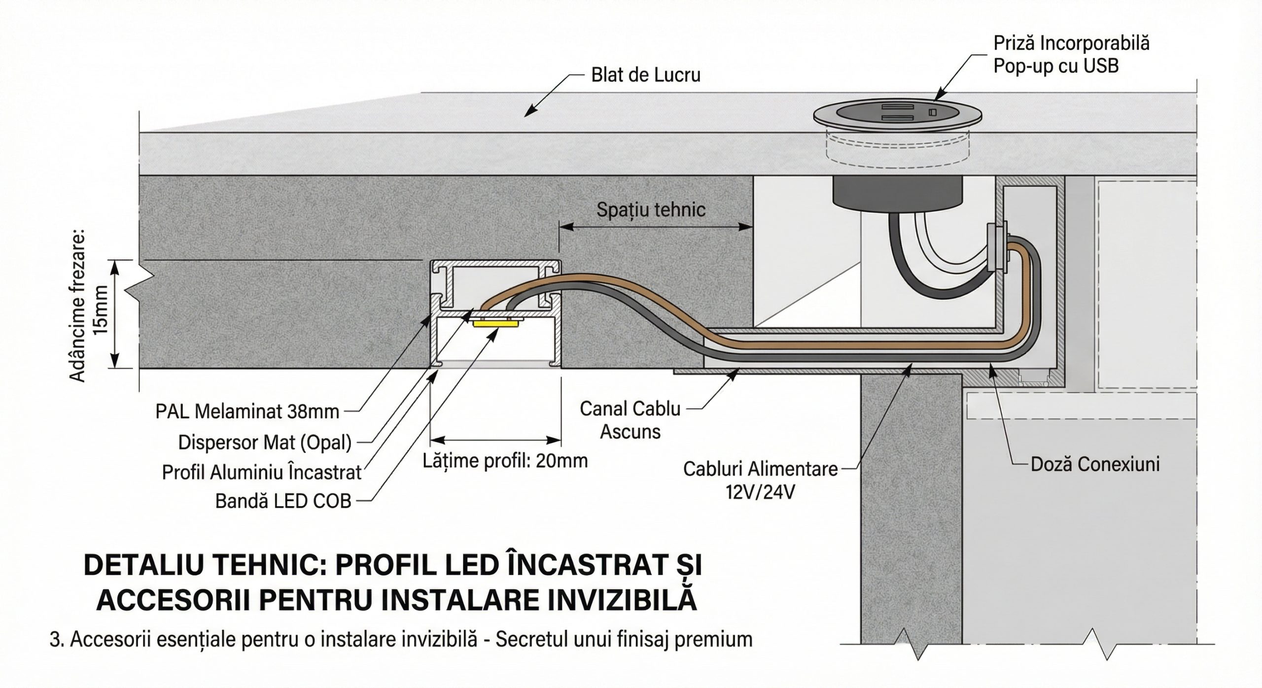 Detaliu tehnic profil LED încastrat în PAL